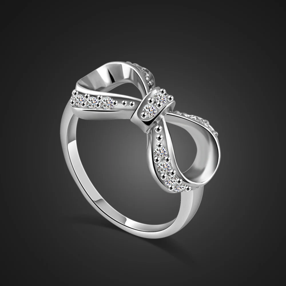 Authentic 100% 925 Sterling Silver Ring Fashion Sweet style shiny bow Zircon CZ Woman Wedding Charmin Jewelry Gift | Украшения и
