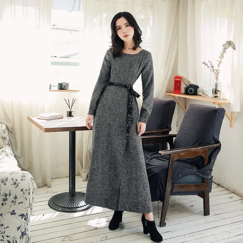 

Winter And Autumn Long Sleeve Vintage Dress Linen Split Round Neck Fashion Lace-Up Asymmetrical Ankle-Length Elegant Dress