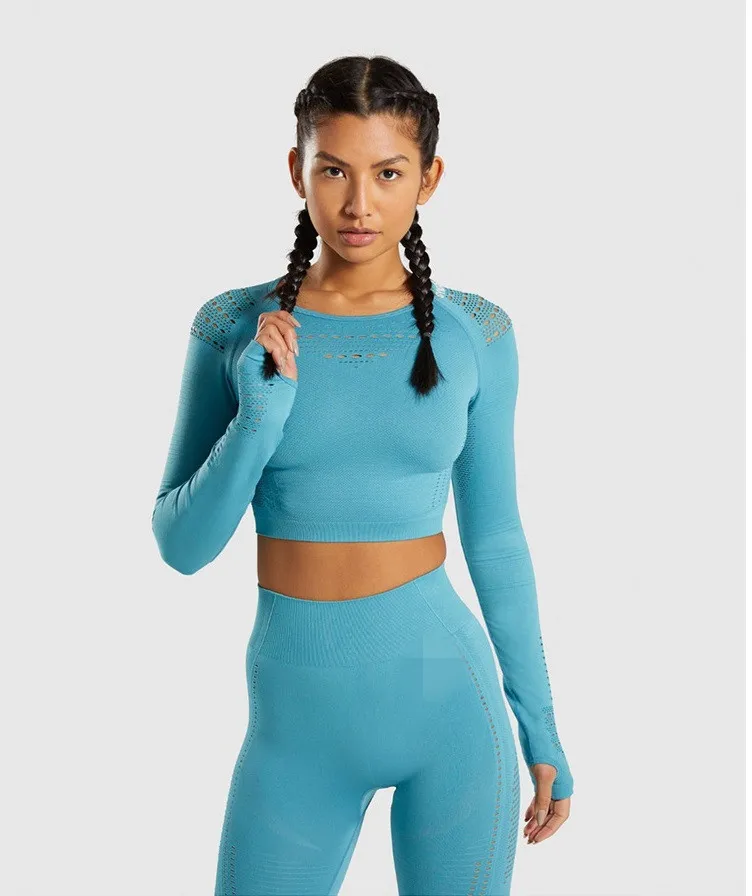 SUIT BLUE GUTASHYE Женский комплект 2 шт., Женский комплект для йоги, Женский комплект для тренировок, женская одежда с длинным рукавом, бесшовные леггинсы, женский спортивный костюм - Цвет: SUIT BLUE