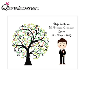 

Qianxiaozhen Personalized Canvas Fingerprint Tree Signature DIY Guest Book For Boy First Holy Communion Souvenir Decorations