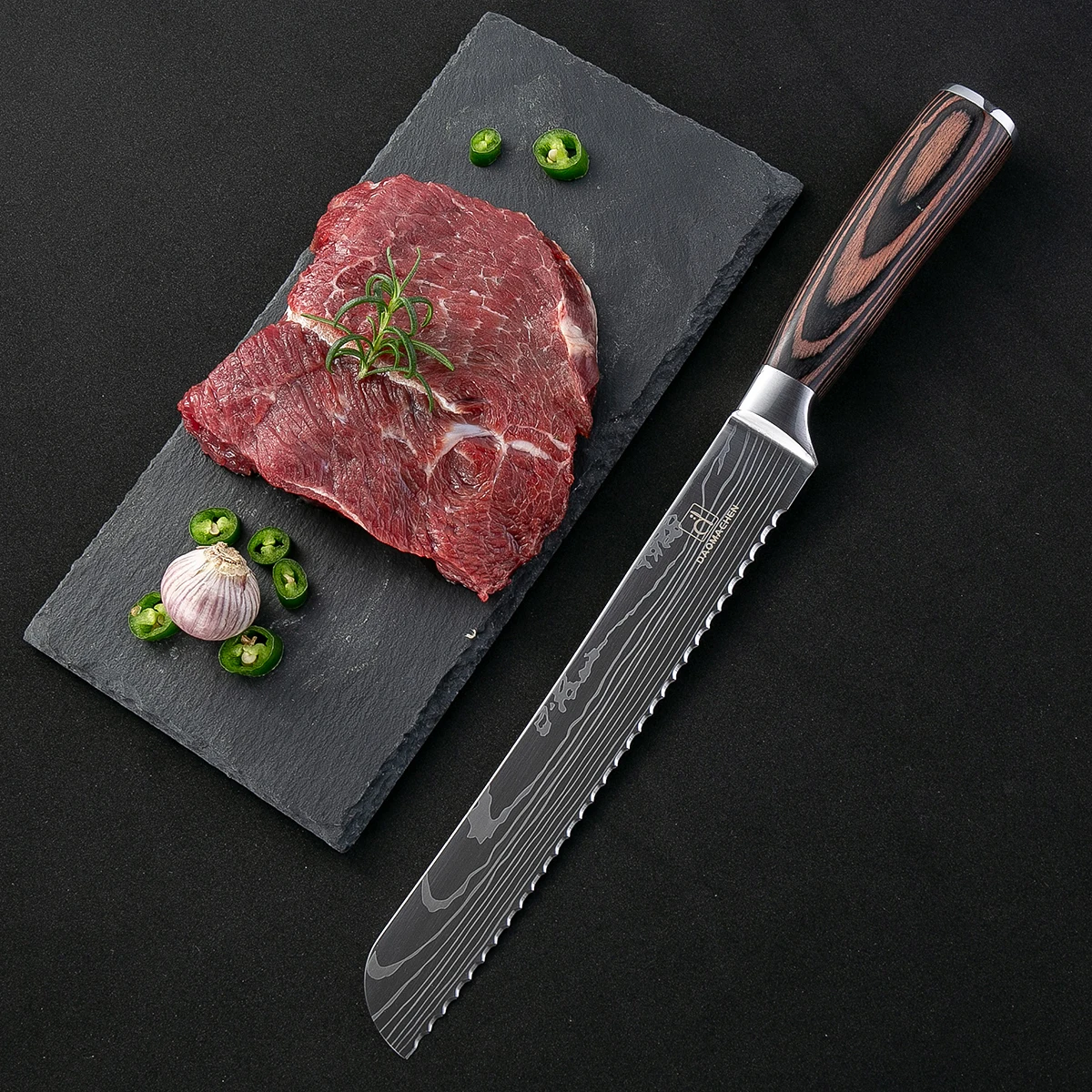

DAOMACHEN 7Cr17mov Stainless Steel Kitchen Knife 8 inch Bread Knife 58HRC Serrated Design Cutter Tool For Cutting Bread