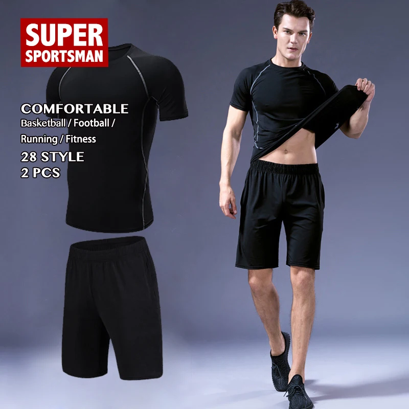 Ropa de gimnasio para hombre, conjunto de compresión, traje de entrenamiento para trotar, deportiva para hombre, mallas deportivas para correr, camisa de entrenamiento + Pantalones|Conjuntos para running| -