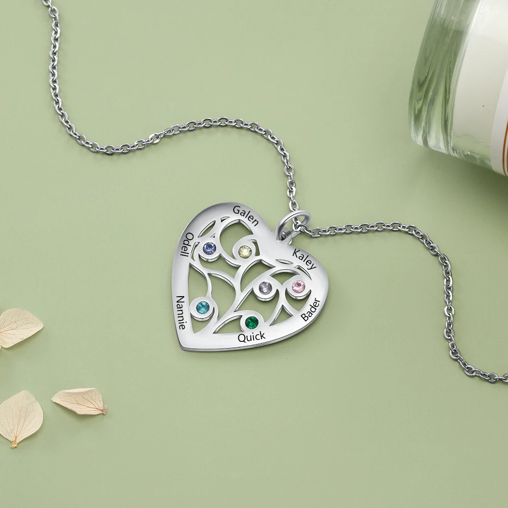 Personalized Family Tree in Heart Necklace With 6 Birthstones Stainless Steel Custom Engraved Name Necklaces Women Gifts | Украшения и