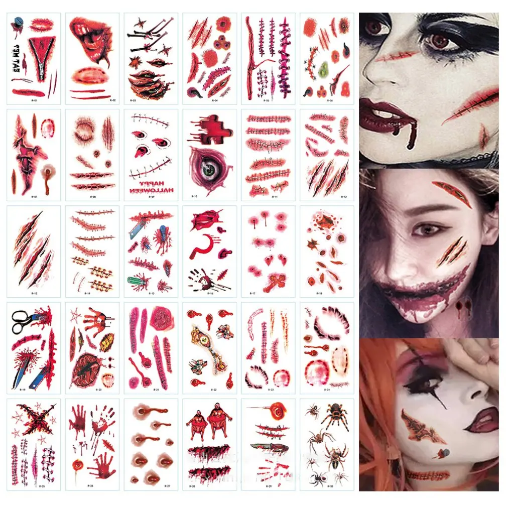 30 Pcs Halloween Temporary Tattoos Stickers Horror Scars Makeup Tattoos Props Art Stickers Tattoo Stickers for Halloween