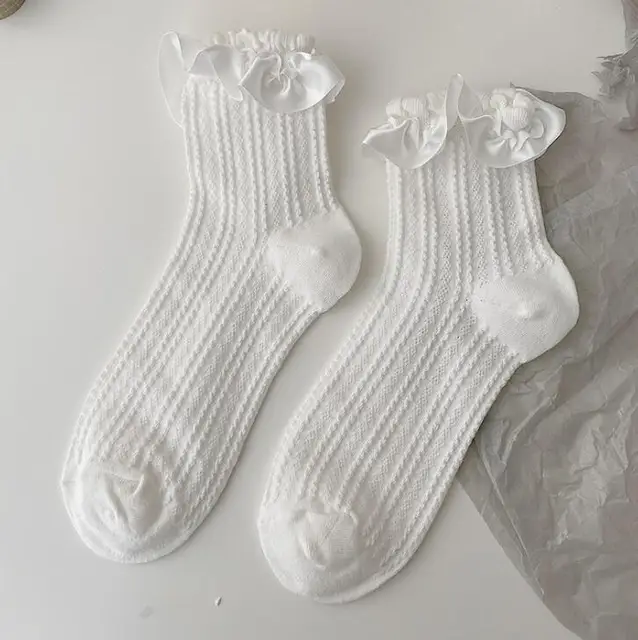 Lolita White Lace Socks Women Heart Bowknot Cotton Socks Femme Sweet JK Socks Ankle Dress Calcetine Medias stripe