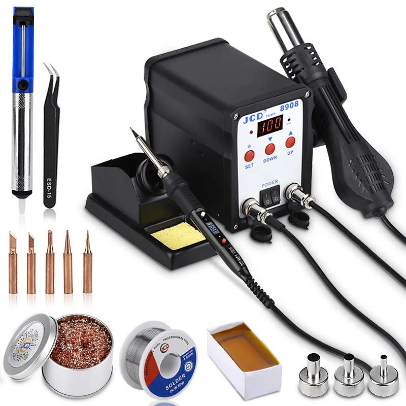 

JCD 8908 Industrial Grade 2 IN 1 Controllable Anti-static Welding Machine Soldering Iron with Hot Air Gun BGA Rework LCD Station