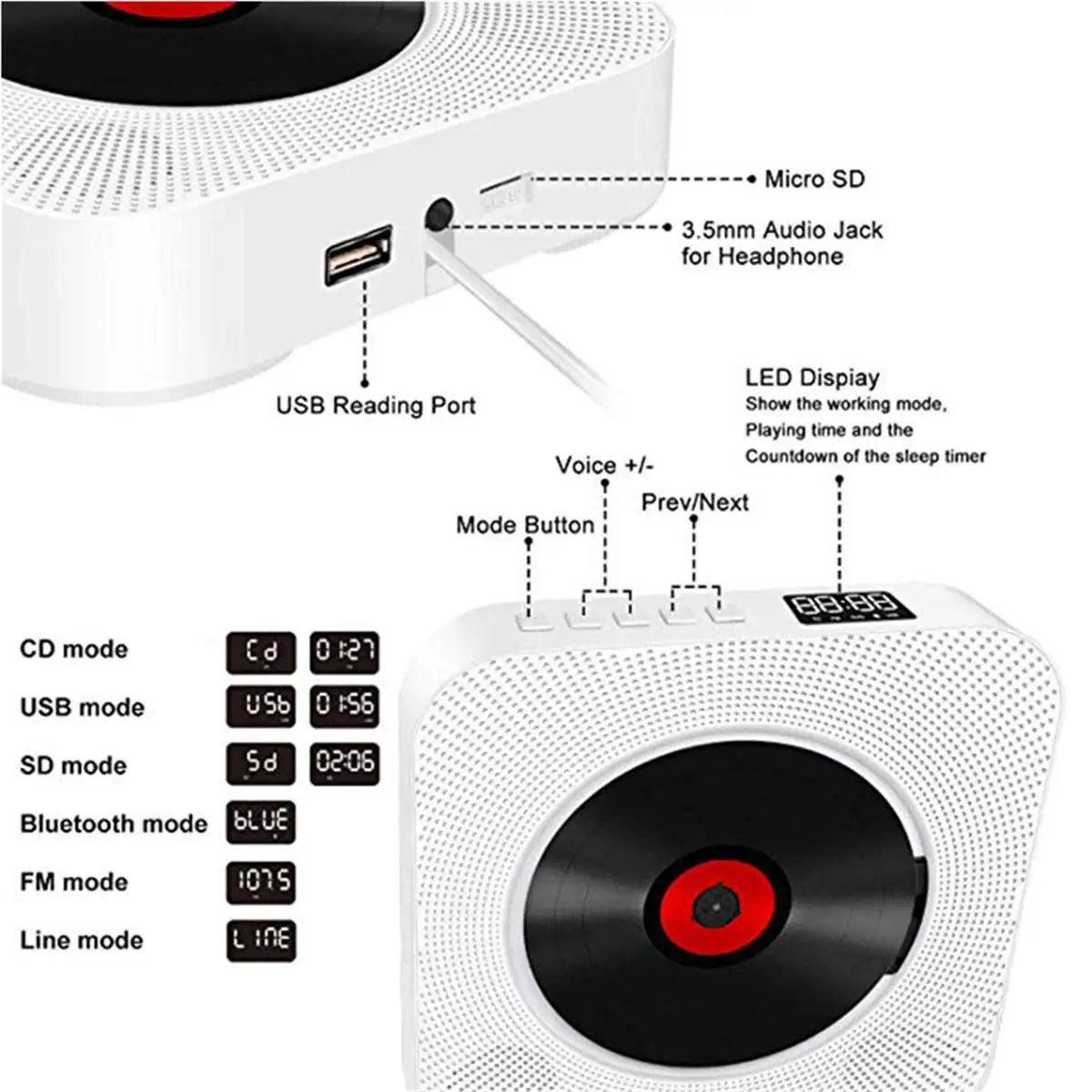 CD-плеер настенный bluetooth портативный домашний аудио бокс с пультом дистанционного управления fm-радио встроенный HiFi колонки MP3