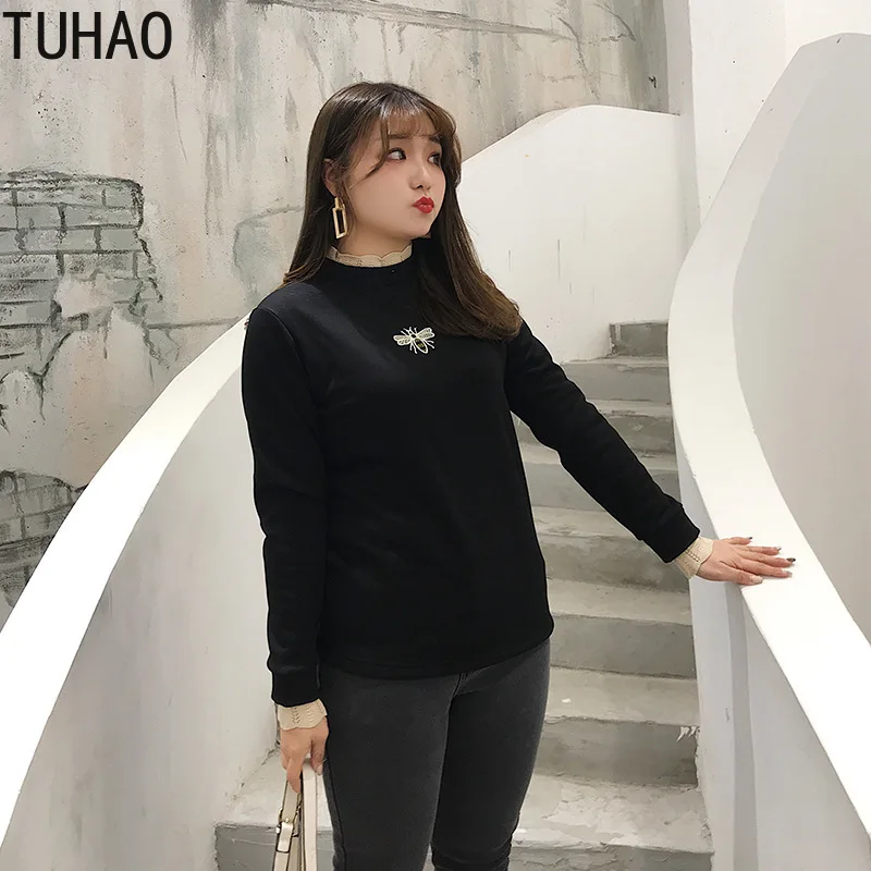 TUHAO, большие размеры 4XL 3XL, женские свободные толстовки с вышивкой пчелы и кружевным воротником, толстовка размера плюс, плотные теплые бархатные толстовки