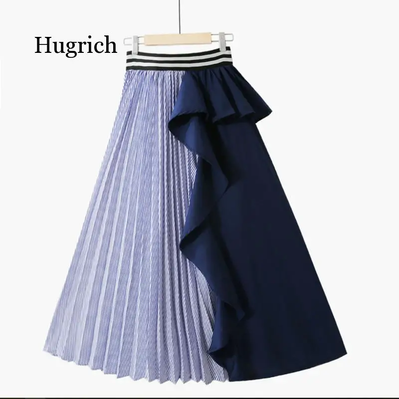 

2020 New Autumn Fashion Women Clothes Thin Striped Elastic Ruffles Contrast Colors A-Line Halfbody Skirt