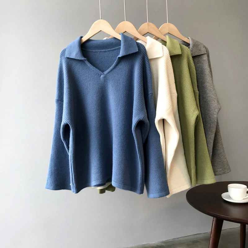 

HLHPYHB Fall Solid Color Sweater Chic Turn-down Collar Pullover Knitting Shirt Batwing Sleeve Loose Knitwear Korean Female Tops