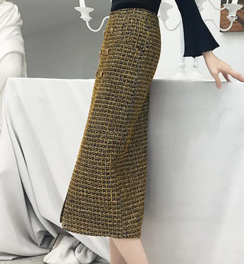 Retro plaid tweed woolen skirt women double breasted autumn winter small fragrance package hip skirt