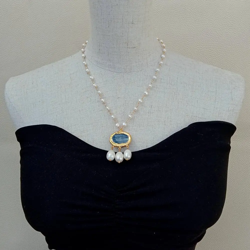 Pendant necklace Silver necklace Natural Cultured White freshwater Pearl Rosary Chain Necklace Blue Kyanite Rice Pearl Pendant 18"