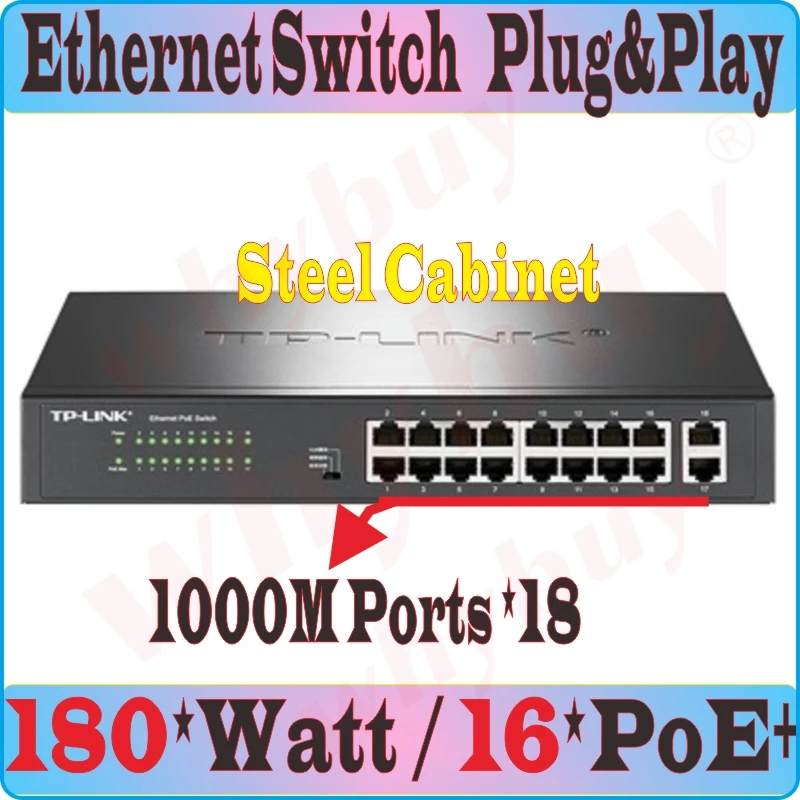 

802.3at/af 180W 18 Ports PoE+ 1000M Ethernet Switch 16 PoE ports power to IP camera,wireless AP, 18-port RJ45 Gigabit PoE Switch