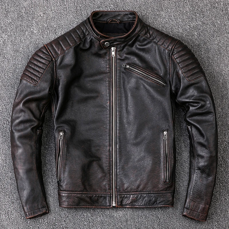 Ropa de piel de vaca de marca para hombre, ropa de cuero genuino, chaqueta de motorista vintage de moda, abrigo de cuero fresco, calidad, envío gratis
