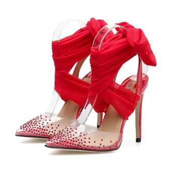 

WEIQIAONA sexy Pointed Tied ribbon stiletto heels woman Fashion crystal shoes Rough with high heels transparent ladies high heel