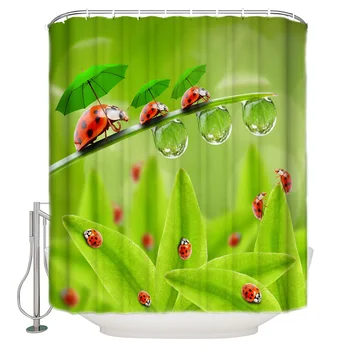 

Seven Star Ladybug Leaves Green Umbrella Plant Bathroom Shower Curtain With Hook Fittings Bathroom Waterproof Shower Curtain