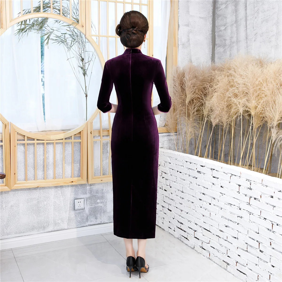 Шанхай история 3 цвета традиционное китайское платье бархат Cheongsam 3/4 рукав цветок вышивка Qipao платья женские винтажные платья