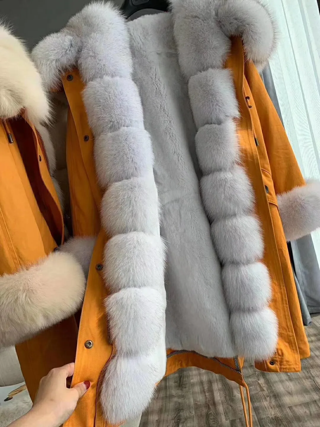 orange white Женская длинная парка OFTBUY, с натуральным мехом лисы на воротнике и капюшоне и съемным мехом кролика на подкладке, зимняя куртка, уличная одежда - Цвет: orange white