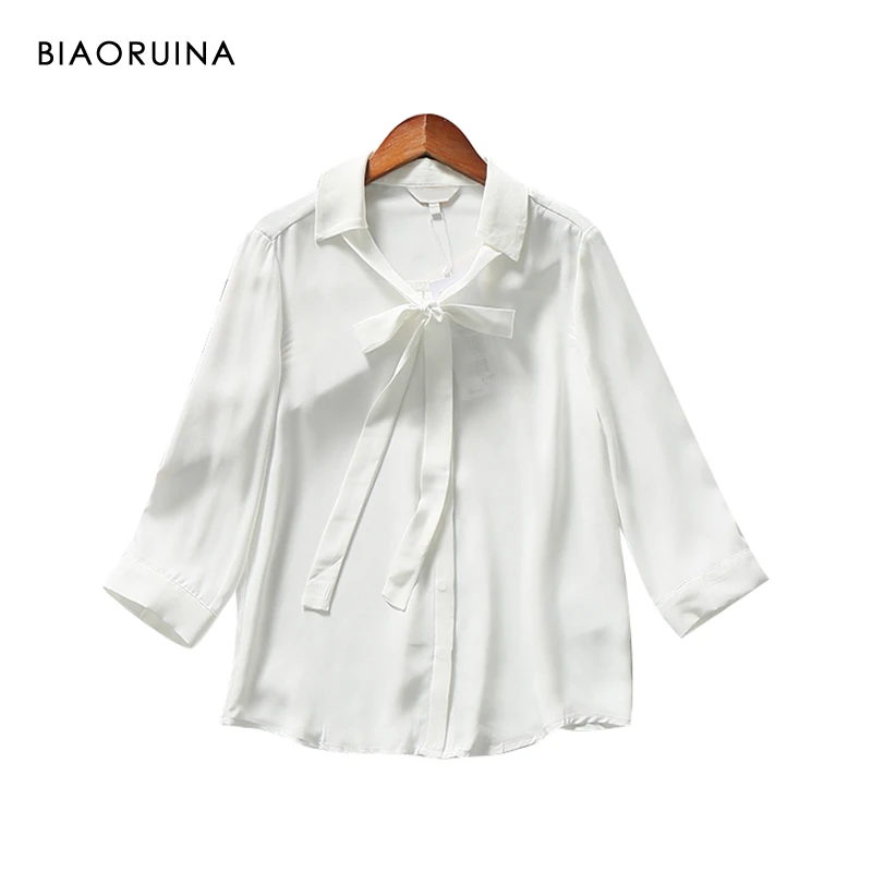 

BIAORUINA Women's Sweet Solid Chiffon Single Breasted Shirt Bow Collar Female Casual Elegant Blouse Tops Three Quarter Sleeve
