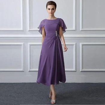 

2020 New Affordable Purple Tea Length Chiffon Mother of the Bride Dresses Jewel Neckline Wedding of Groom Gowns Beaded