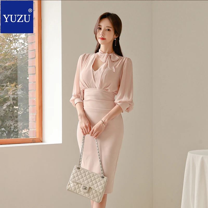 

Pink Elegant Dress Long Sleeve Bow Collar Draped Long Lantern Sleeve Fitted Knee Length Bodycon Dress 2020 Spring Sheath Dresses
