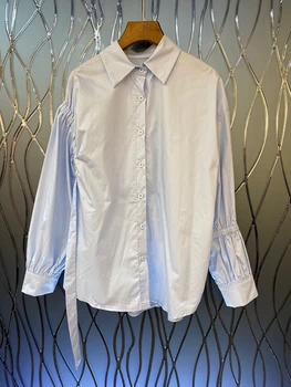 

2020 Early Autumn New Women's Lapel Irregular Sleeves Stitching Decorations Solid Color Long-Sleeved Shirt 814