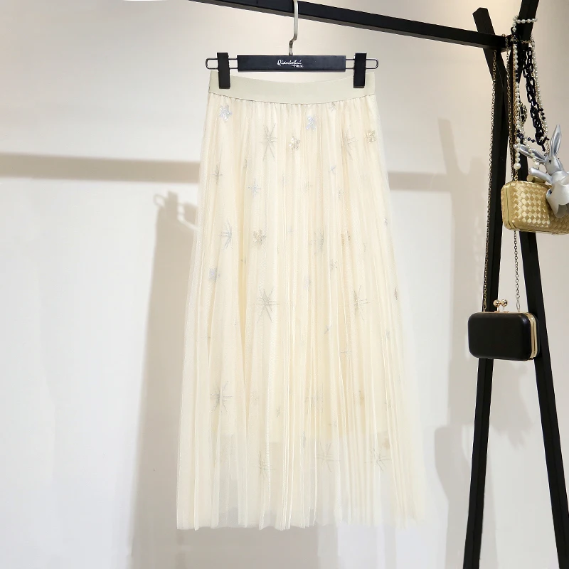 apricot Fashion Tide Spring New Korean Style Mesh Loose Sequined Embroidered Print Mid-Calf Clothing Fashion Women Summer Skirt QG713 - Цвет: apricot
