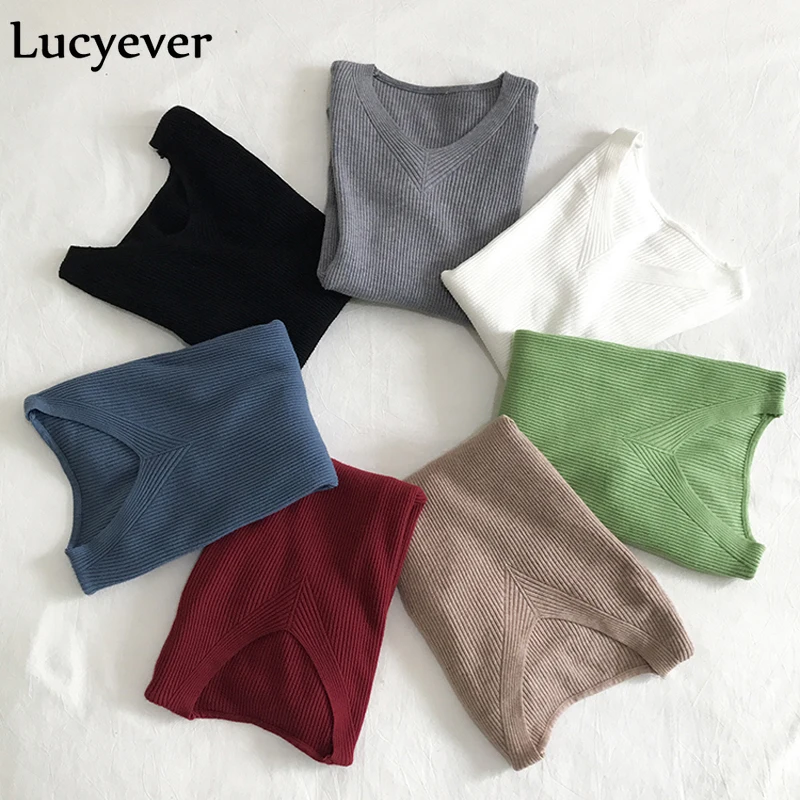 Lucyever, новинка, Осенний пуловер, женский свитер, сексуальный, v-образный вырез, вязаный джемпер, базовый топ, модный, Повседневный, однотонный, женский зимний свитер