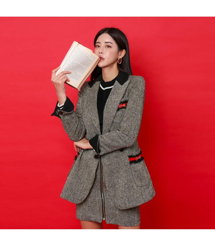 Winter Solid Grey Double Breasted Notched Blazer Coat Zipper Mini Bodycon Skirt Two Piece Women's Wool Blend Suit Dress