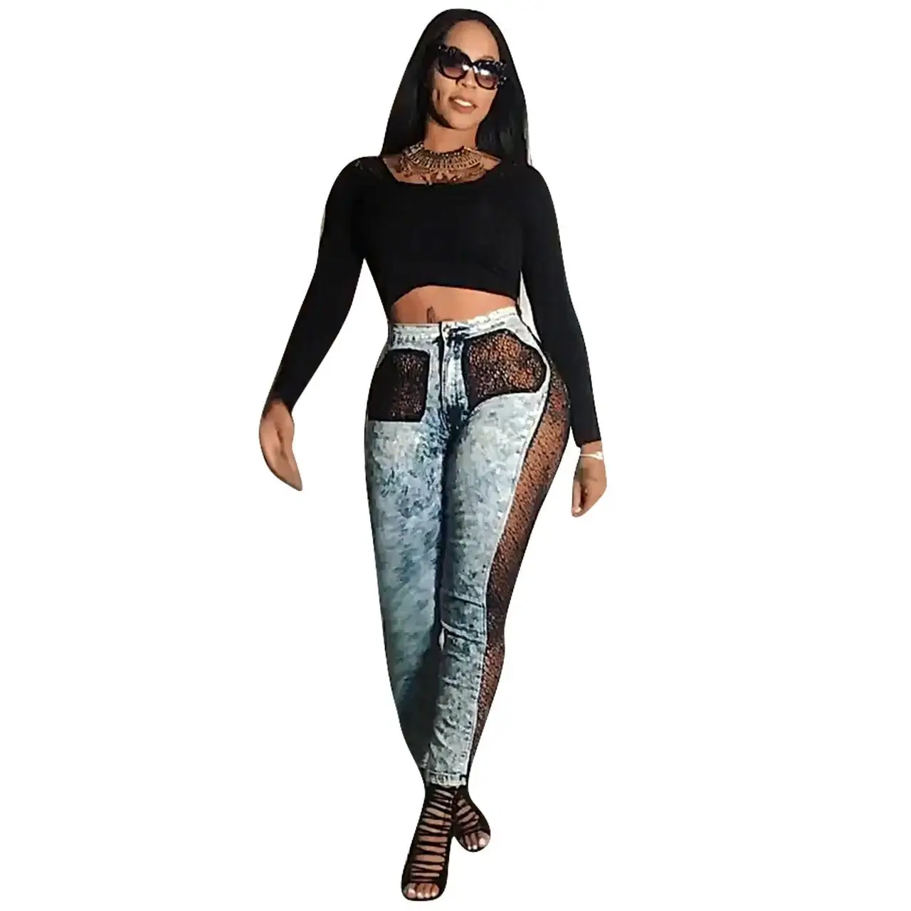 Winter Fall Lace Patchwork Zipper High Waist Denim Jeans Pockets Women Active Wear Long Pants Pencil Trouser