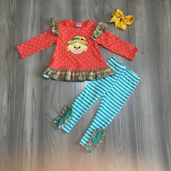

girlymax scarecrow set girl scarecrow embroider raglan with ruffle girls stripe blue pants baby fall outfit with bow