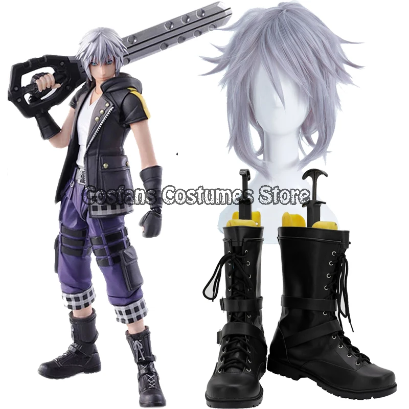 Kingdom Hearts 3 Riku Cosplay Scarpe Stivali Custom Made Halloween Carnevale Adulto Uomo Stivali Kingdom Hearts 3 Riku Capelli Grigi + Berretto