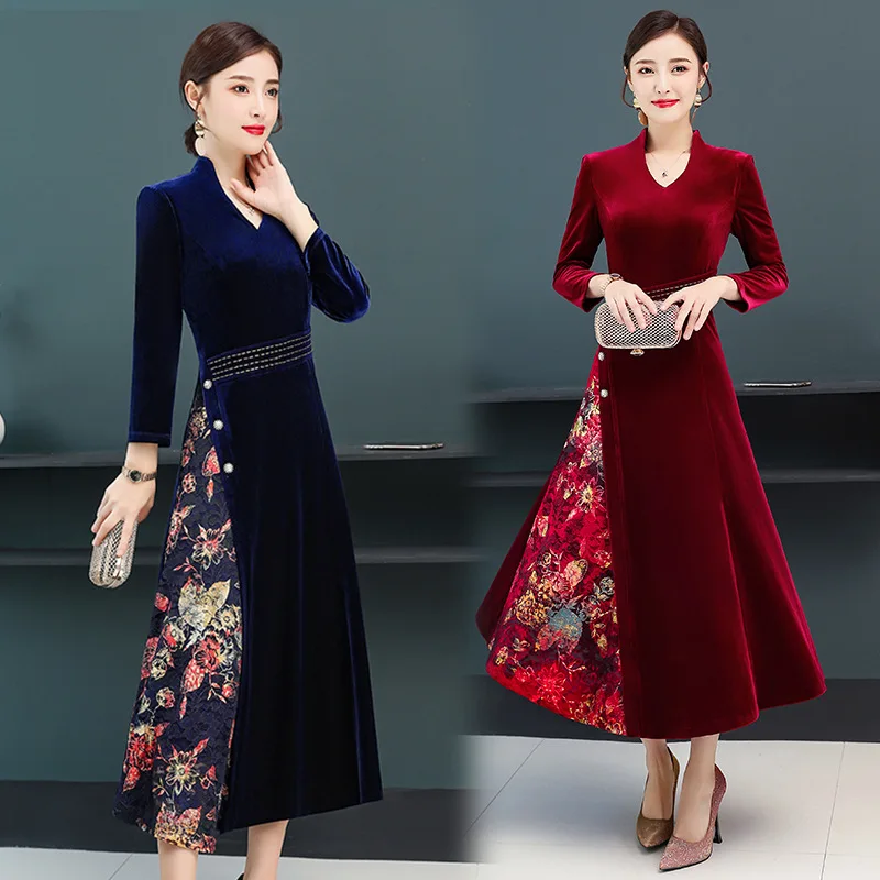 

2019 Autumn New Style Velvet Women's Middle-aged Western Style Wedding Banquet Mother in Law Mom Formal Dress Nobility