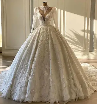 شراءرداء الوافدين الجدد 2021 فساتين الزفاف مع الخرز عالية الرقبة اللؤلؤ Srystal فساتين زفاف Mariage العروس رداء