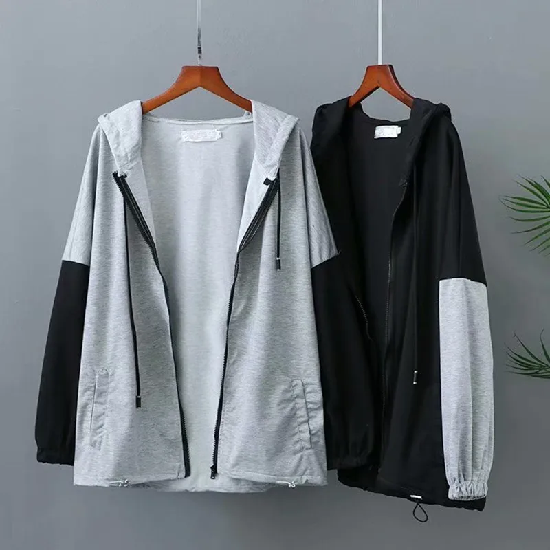 

plus Size Sport Coat For Women Long Sleeves Color Splicing Hoodie Thin Cotton Blended Fabric Large Size Coat Fatwomen In Autumn