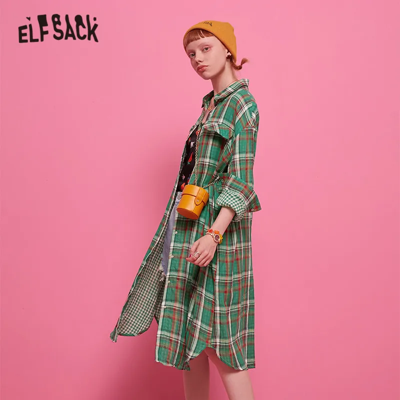 ELFSACK клетчатое женское платье-рубашка с Н-образным вырезом, осень, короткие рукава, корейские свободные женские блузки