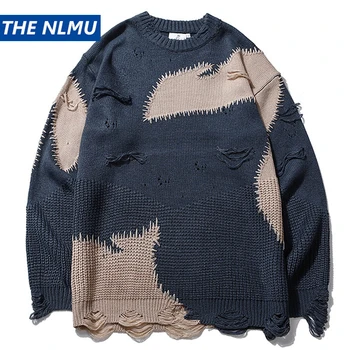 

Ripped Destroyed Holes Distressed Sweaters Mens Knitted Pullover Sweater Male Hip Hop Fashion Loose Sweater Streetwear WY210