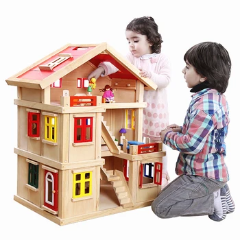 

56x43.5x75cm Wooden Doll House Luxury Wooden Villa with All Furniture and Dolls Pretend House for Girl and Boy