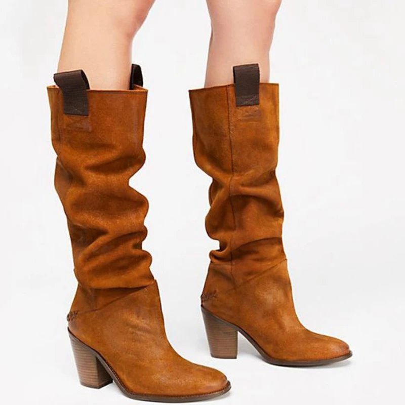 Oeak/Новые Модные женские ботинки на платформе ботинки до середины икры Женская Повседневная теплая зимняя обувь без застежки на низком каблуке, большие размеры 35-43