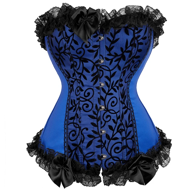Women's Lace Cover Overbust Corset Lace Up Boned Lingerie Zipper Side Carnival Waist and Body Shaper Bustier Plus Size Blue