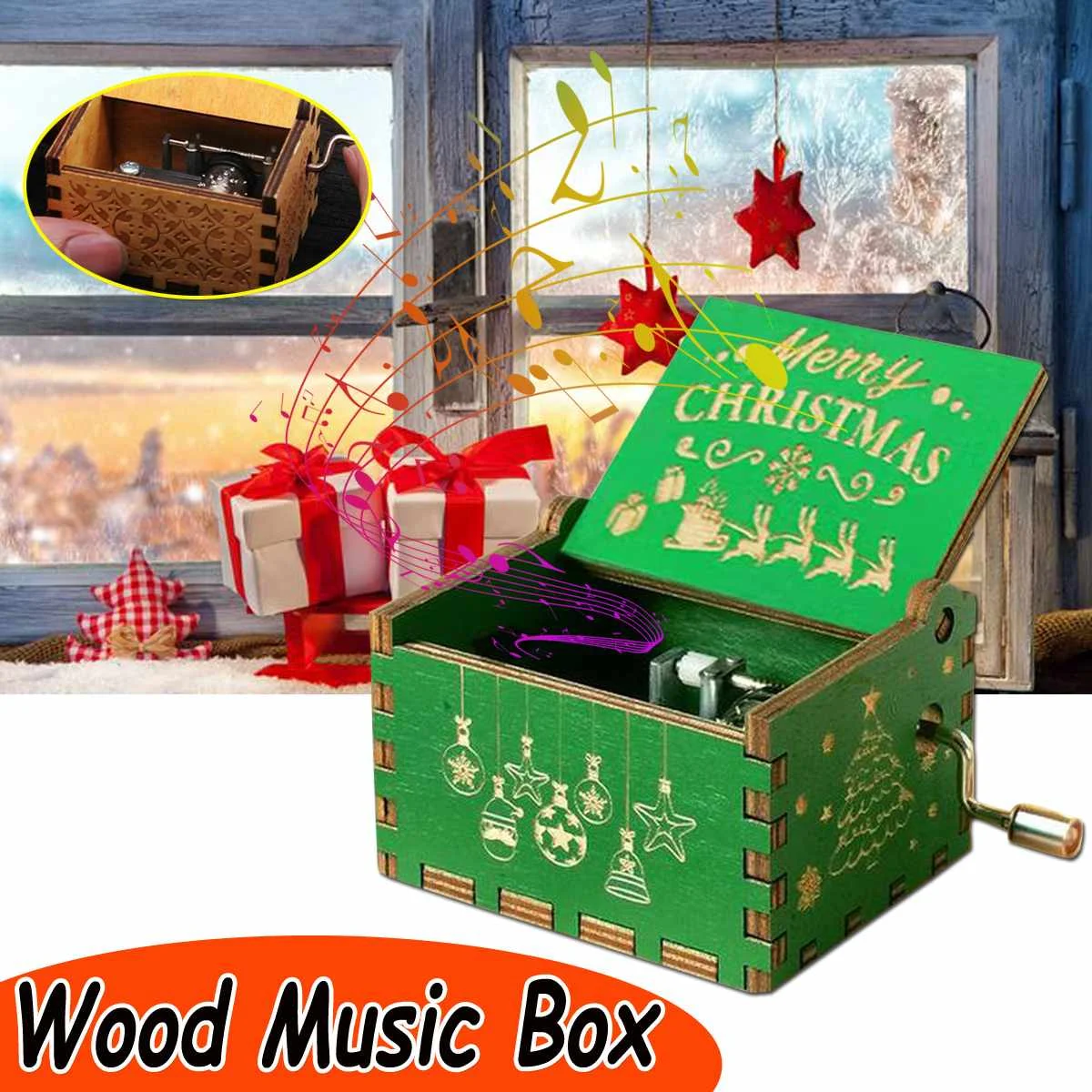 DIY Classic Christmas Theme Hand shake Carved Music Box Wooden Hand-cranked Music Box Christmas Gift Birthday gifts for kids