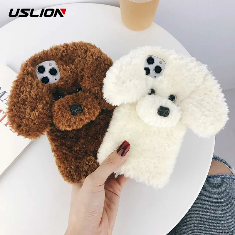 USLION 3D Cartooon Dog, теплый меховой чехол для телефона, для iPhone 11 Pro Max X XS XR Xs Max 7 8 Plus, мягкий силиконовый чехол из ТПУ