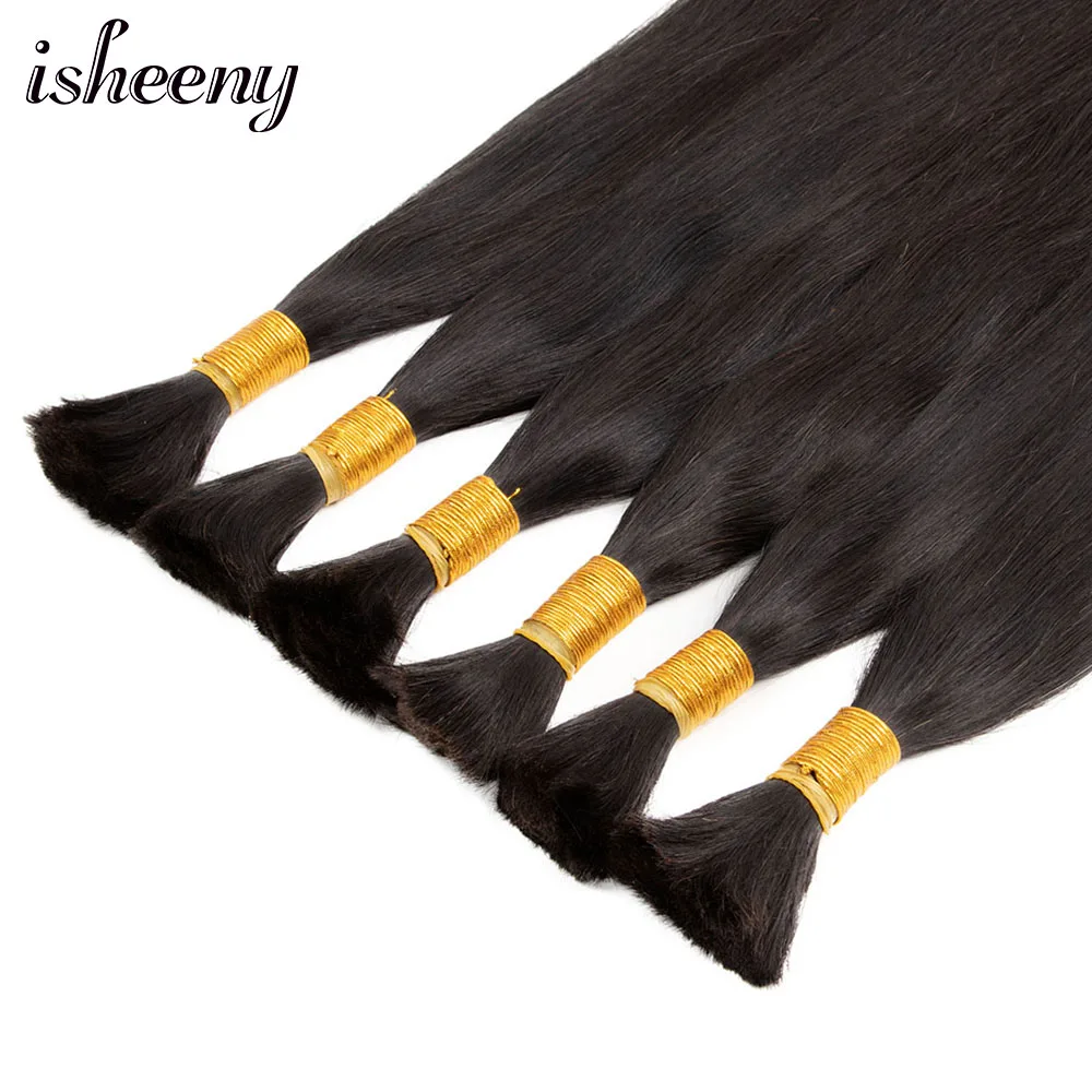 Isheeny Natural Black Human Hair Bulk Bundles 12"-26" No Weft European Remy Human Hair Raw Salon Material Extensions 100g