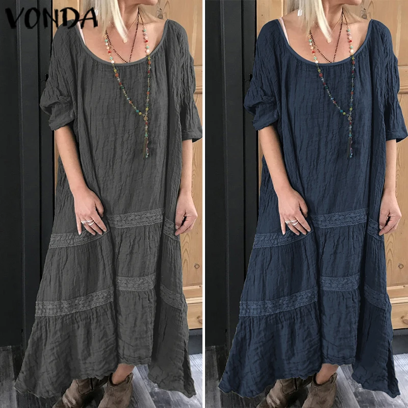 VONDA женский винтажный пуловер с коротким рукавом и круглым вырезом, однотонное Хлопковое платье-рубашка, повседневное Свободное длинное платье макси с рюшами размера плюс Vestidos