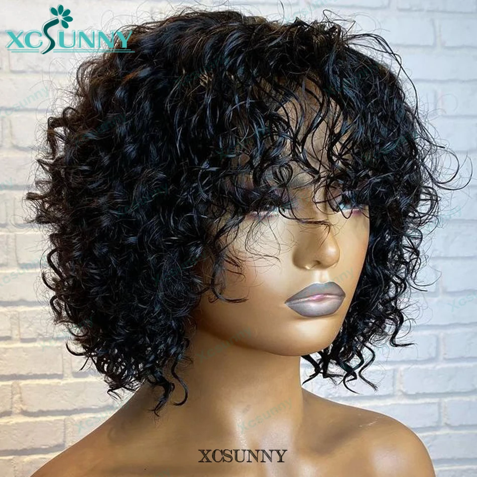 Peruvian Full Machine Made Human Hair Wigs With Bangs Curly Wig Remy Hair  Jerry Curl 150 180 200 Density For Women xcsunny