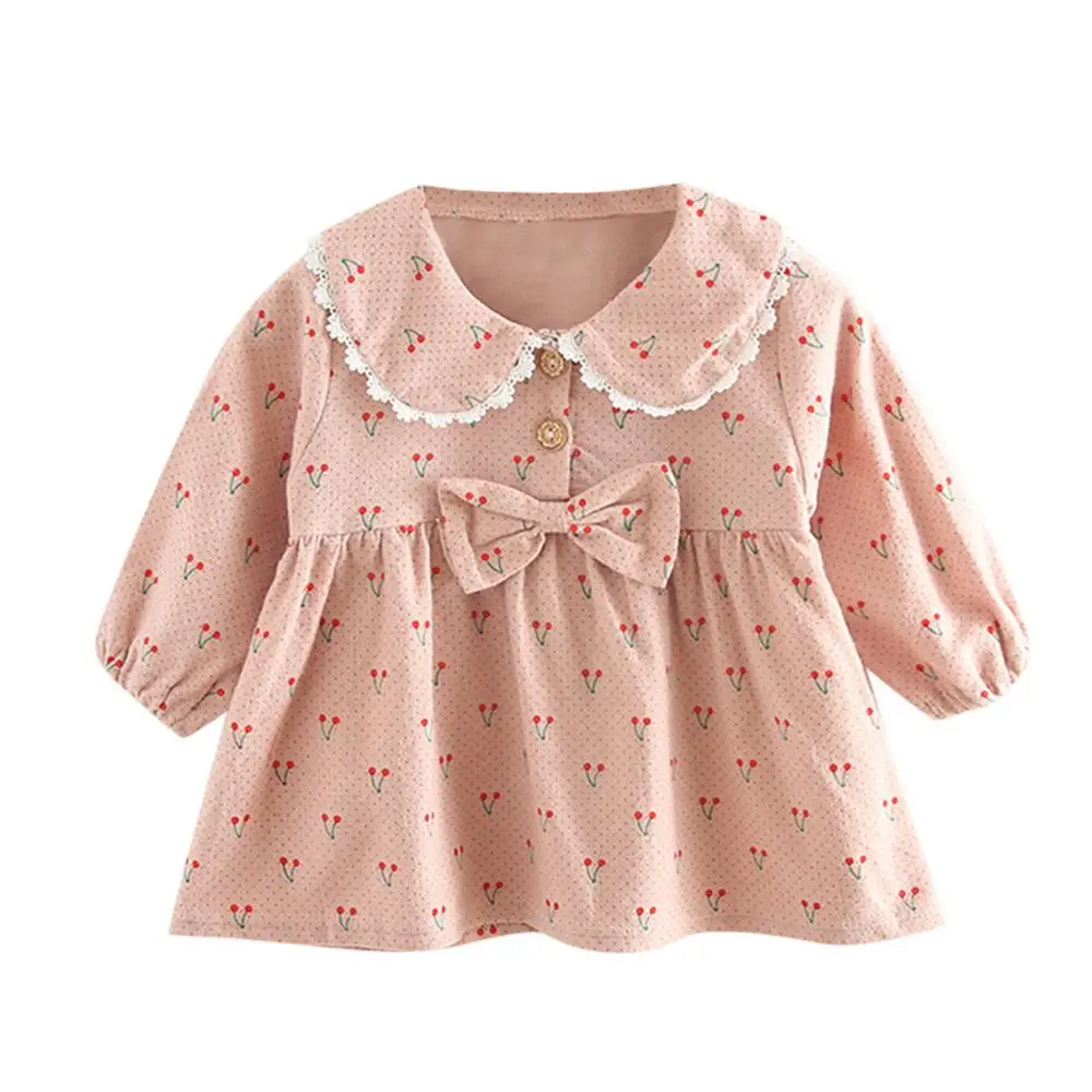 Платье для маленьких девочек для малышей, для маленьких девочек Осенняя футболка с длинными рукавами и бантом с принтом в виде вишен хлопковые вечерние Одежда принцессы Новые - Цвет: Розовый