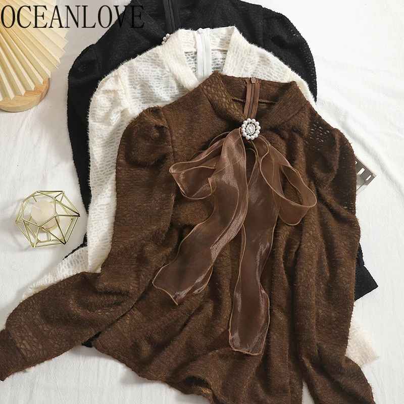 OCEANLOVE Blusa Feminina Solid Bow Ribbon Elegant Autumn Winter Blouses Women Puff Sleeve Vintage Korean Zipper Ropa Mujer | Женская