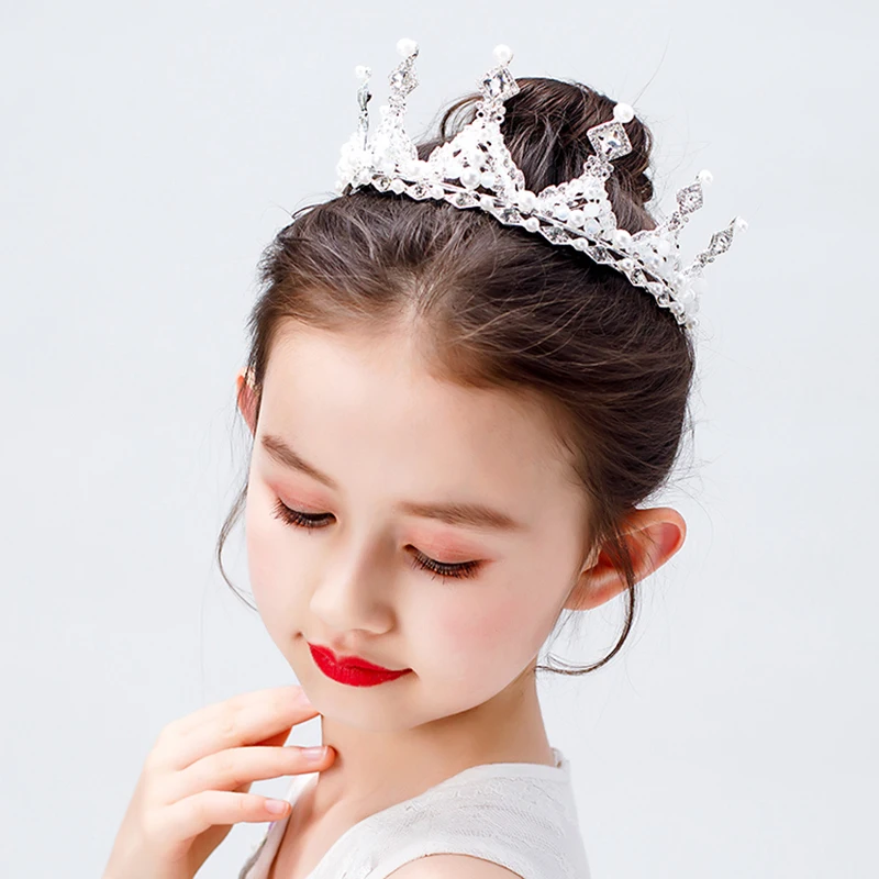 Fashion Gold Silver Color Crystal Crowns For Kids Child Girls Pearls Tiaras Diadems Wedding Hair Accessories Bridal Jewelry