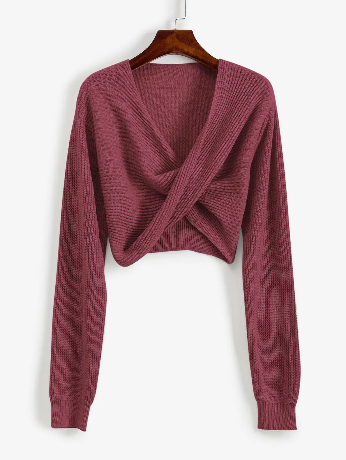 Rosy Brown ZAFUL женский укороченный свитер с v-образным вырезом и перекрещивающимися узорами спереди, однотонные свободные вязаные топы, 9 цветов, эластичные короткие пуловеры, свитер - Цвет: Rosy Brown