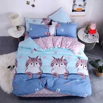 

Thumbedding Cartoon Cat Bedding Set King Size Cute Soft Blue High End Duvet Cover Flowers Queen Full Twin Single Bed Set